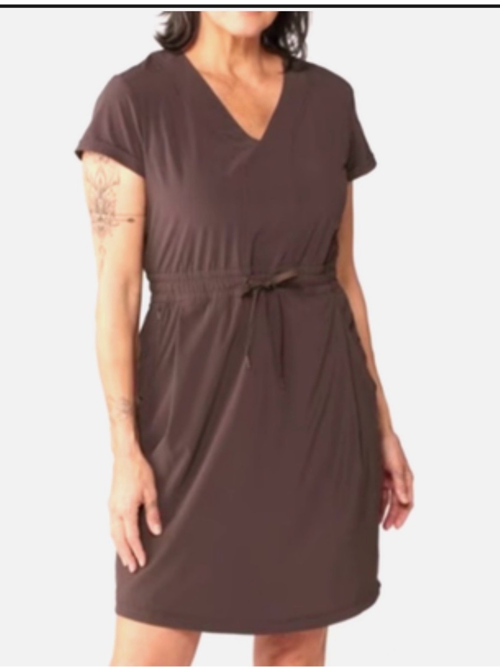 REI Brown V-Neck Short Sleeve Drawstring Chemise